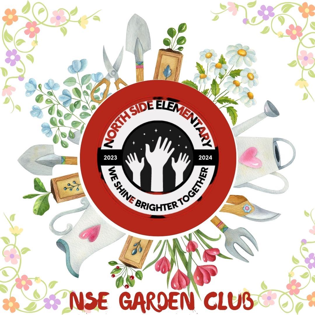North Side Elementary, We Shine Brighter Together, round logo with garden clip art as background. 